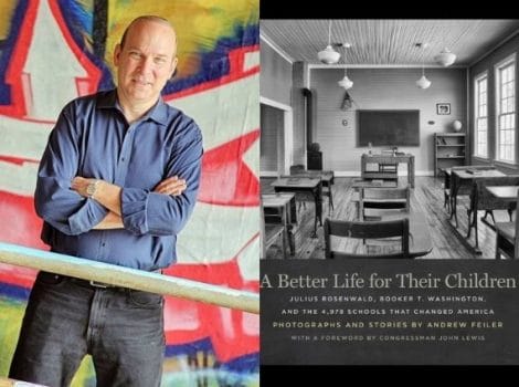 side-by-side images of author Andrew Feiler and a photo of the interior of a Rosenwald School