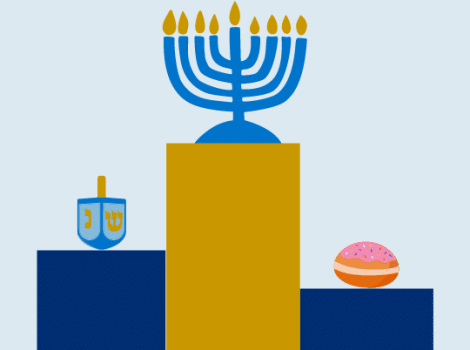 graphic of hanukkiyah, dreidel, and sufganiyot on pedestals