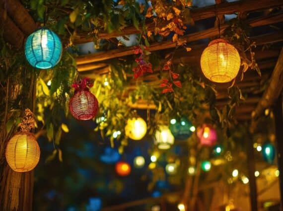 sukkah lit with colored lanterns