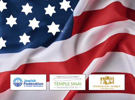 US flag with Stars of David replacing regular stars and logos of Federation of DC, Temple SInai, and WHC