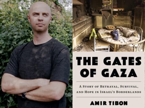 headshot of Amir Tibon side by side with book cover of "The Gates of Gaza"