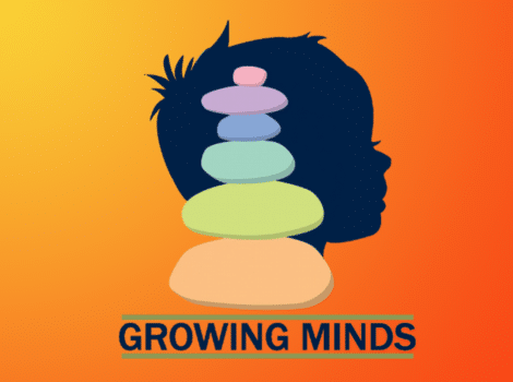 silhouette of a child's face, with a multicolored stack of rocks layered over it. orange gradient background