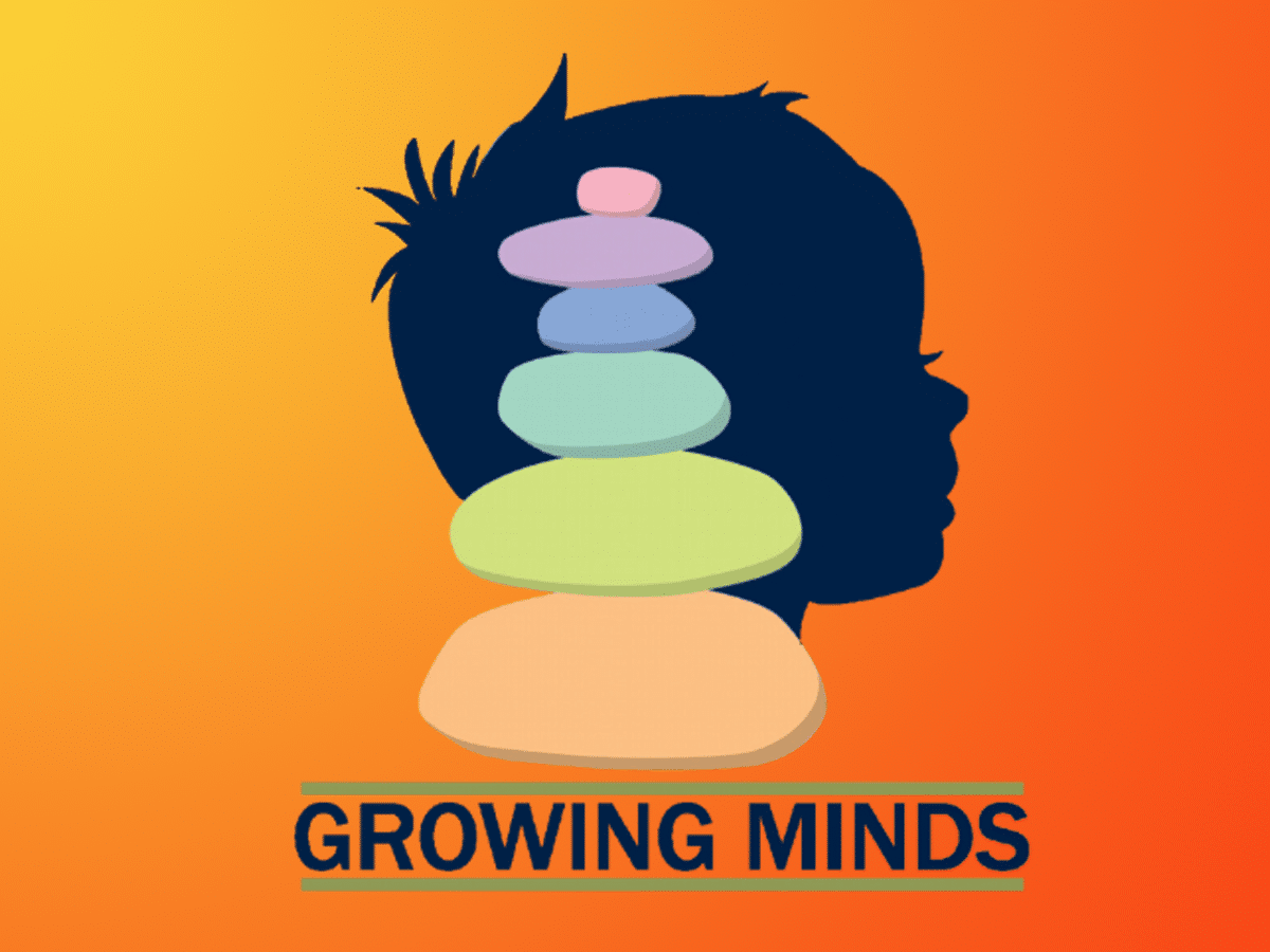 silhouette of a child's face, with a multicolored stack of rocks layered over it. orange gradient background