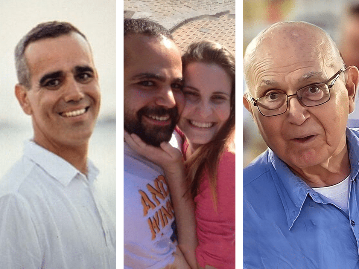 Side-by-side images of Israeli hostages Omri Miran, Shiri and Yarden Bibas, Amiram Cooper