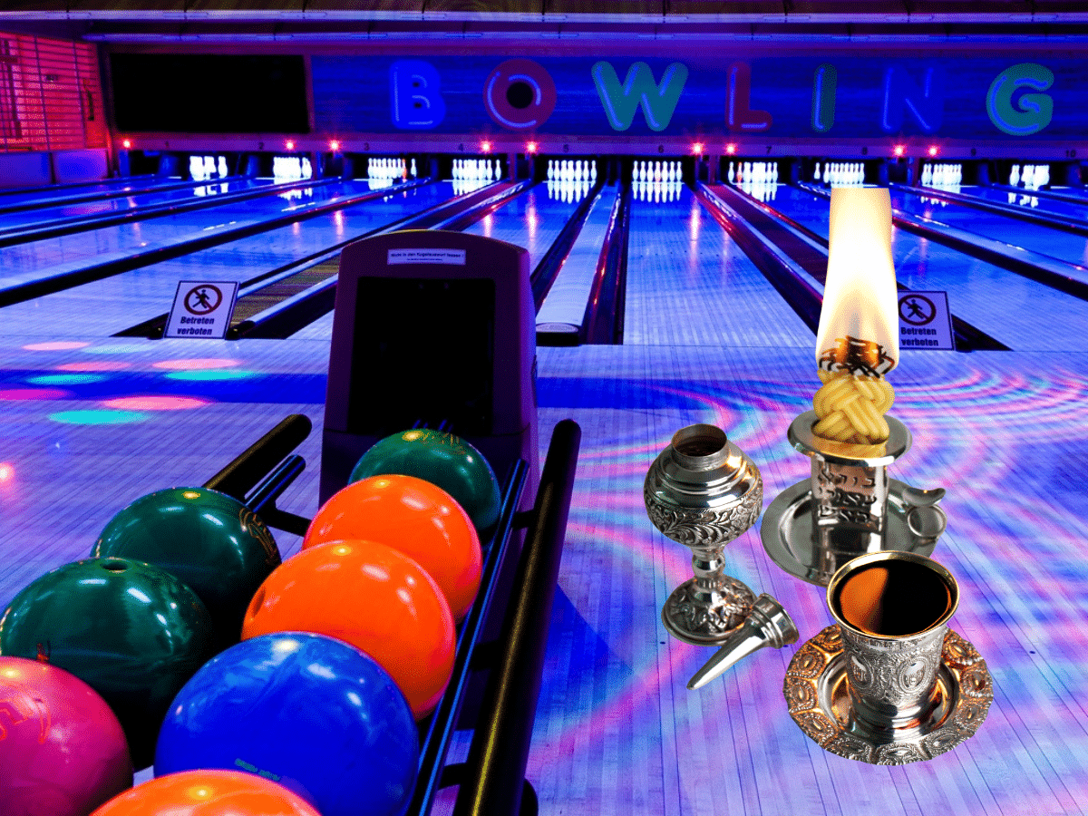 neon lit bowling alley with havdalah set