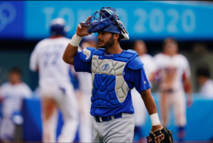 Tal Erel in catcher gear for Team Israel