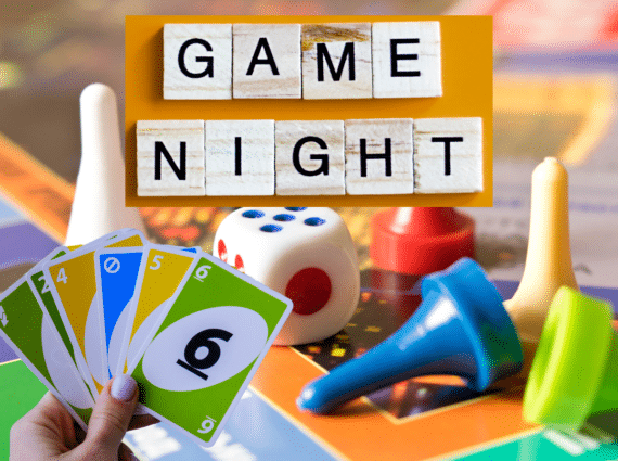 hand holding Uno cards, assorted game pieces, Scrabble tiles spelling "Game Night"