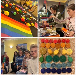 collage of photos of rainbow flags, rainbow gelt, and people playing games