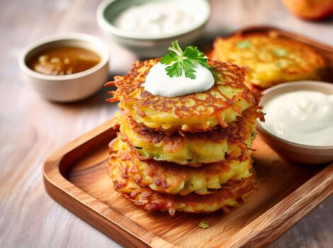 stack of latkes with sour cream on top