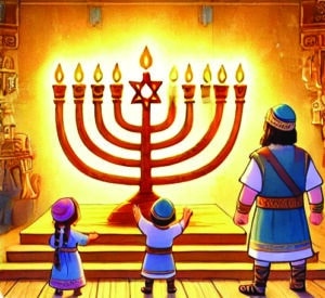 comic book image of Judah Maccabee and children in front of a lit hanukkiyah