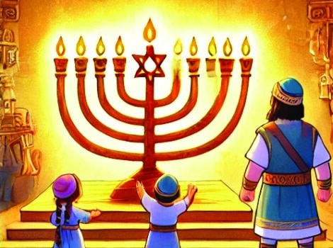 comic book image of Judah Maccabee and children in front of a lit hanukkiyah