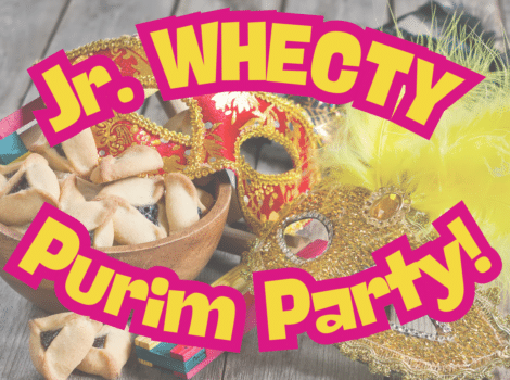 Purim mask, basket of hamantashen, text overlay "Jr. WHECTY Purim Party"