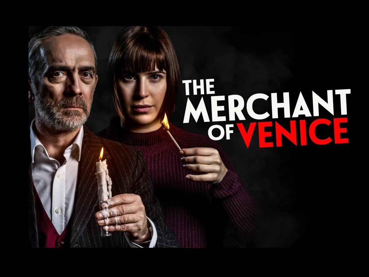 man holding candle next to woman holding lit match, text - "The Merchant of Venice"